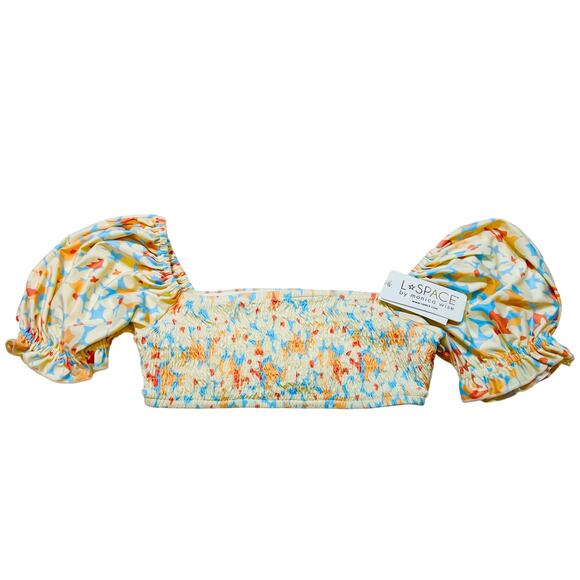 L Space Goldie Bikini Crop Top Medium Smocked Wild Orleander Swimsuit Swim New - Picture 3 of 6